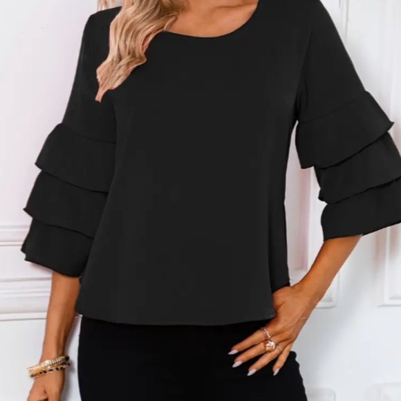 See by Chloe black ruffled 3/4 sleeve crepe-like boat neck blouse, size 4-EU 34 - Picture 6 of 11